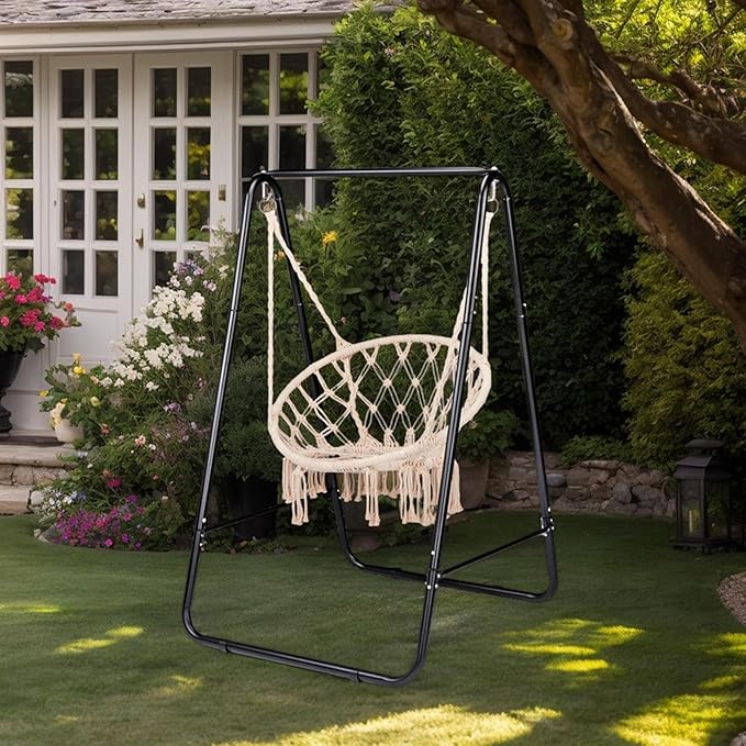 Steel Hammock Chair Stand with Adjustable Hooks - 600lbs Capacity Indoor Outdoor Use Black Frame (Hammock Not Included)