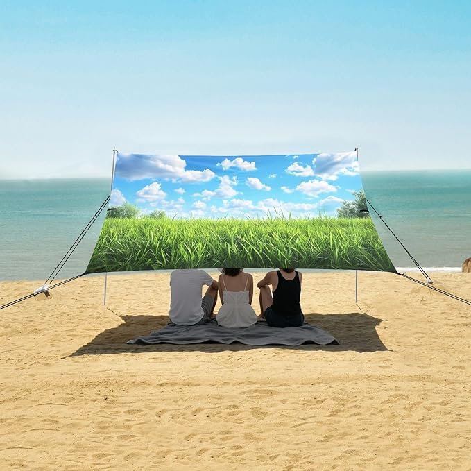 Spring Meadow Scene Beach Tent Sun Shelter Set UPF50+ UV Protection 10.5 x 9.19 FT Camping Shade Canopy with Sandbags Sand Anchors Carrying Bag and Others