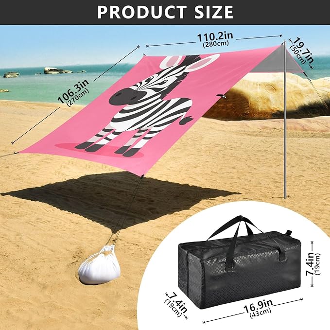 ALAZA Zebra Cartoon on Pink Beach Tent Sun Shelter Portable Canopy Sunshade for Outdoor Camping Picnics Backyard Fun 10x9 ft