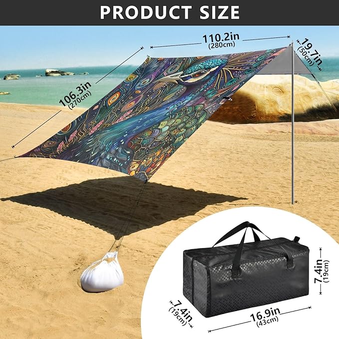 ALAZA Bohemian Peacock Beach Tent Sun Shelter Portable Canopy Sunshade for Outdoor Camping Picnics Backyard Fun 10x9 ft