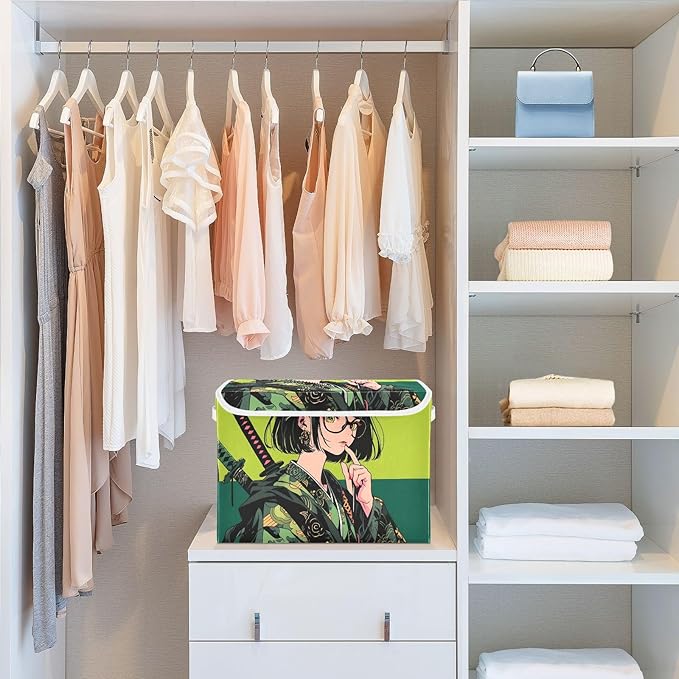 Green Samurai Storage Cube Bins Basket with Lid Collapsible Flip-top Fabric with Handle for Home Bedroom Closet Office 16.5×12.6×11.8 in