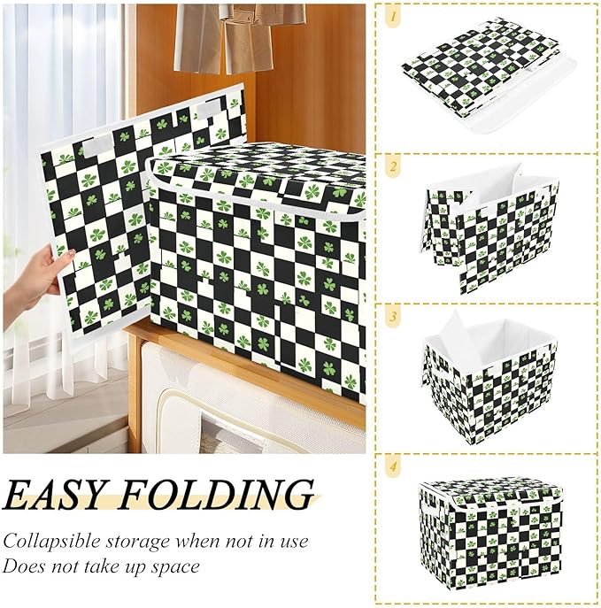 Clover Checkered Pattern Fabric Storage Bins with Lids and HandleFoldable Storage Bins with LidsCloset Organizers for Clothes Storage Room Organization Office Storage Chest Organizer