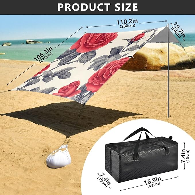 ALAZA Botanical Rose Red Flower Beach Tent Sun Shelter Portable Canopy Sunshade for Outdoor Camping Picnics Backyard Fun 10x9 ft