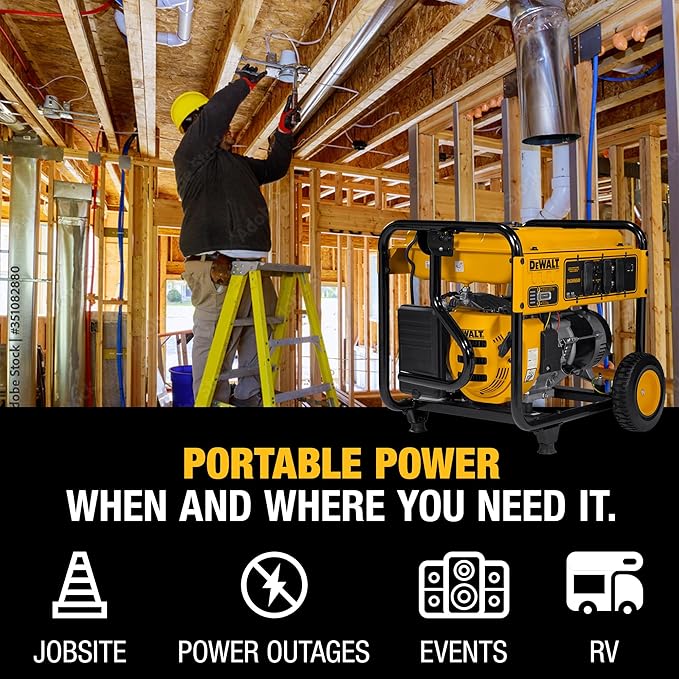 DeWalt 5000 Starting Watt Portable Gas Generator 223cc Engine Idle Control Technology CO Protect Carbon Monoxide Detection Never-Flat Wheels Emergency Jobsite Power 49 State