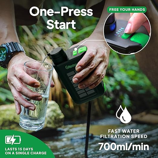 Greeshow Portable Electric Water Filter for Camping &amp Survival - 0.01 Micron Water Purification System with Solar Hand Crank USB-C Charge - Power Bank &amp LED Light for Backpacking Gear Emerg