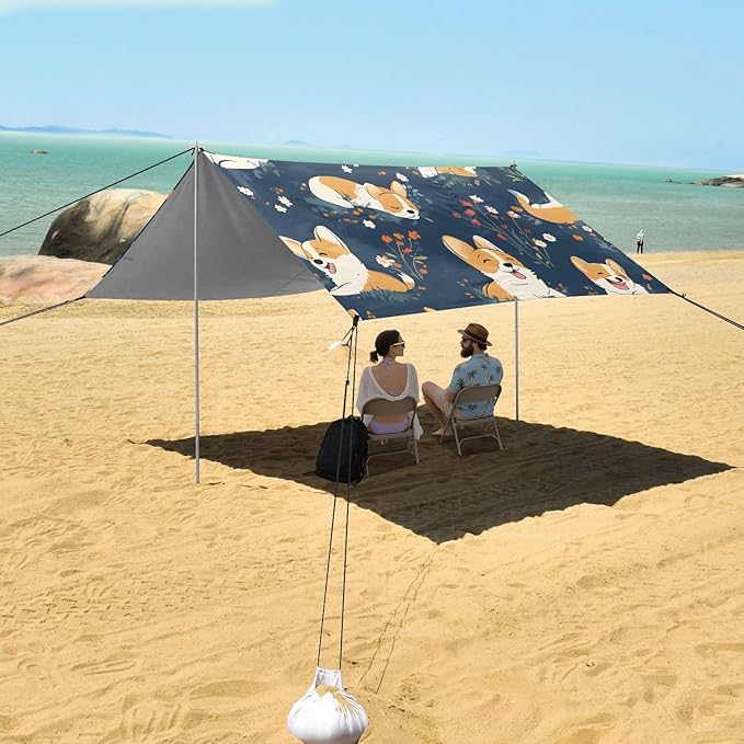 ALAZA Corgis Poses Flower Pattern Beach Tent Sun Shelter Portable Canopy Sunshade for Outdoor Camping Picnics Backyard Fun 10x9 ft