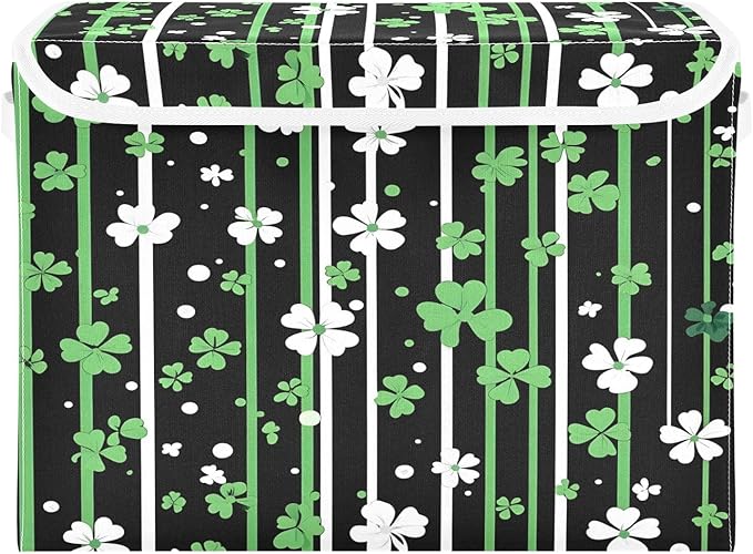 Christmas Storage Baskets with Lids Shamrock Stripes Collapsible Bins Stackable Fabric Linen Baskets Closet Organizer Container 16.5x12.6x11.8