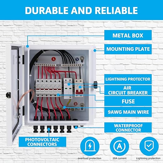 6 String Metal Solar Combiner Box PV Combiner Box with 20A Rated Current Fuse Surge Protective Device &amp 63A Air Circuit Breaker (6 String) (6 String)