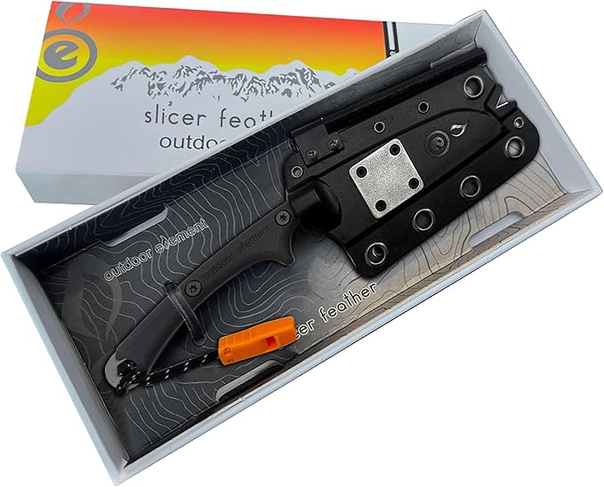Slicer Feather - Fixed Blade Camp Kitchen Survival Knife with built-in Firestarter for Camping Hunting Outdoor Adventure and Culinary Needs - Full Tang VG10 Blade G10 Scales Loud Whistle Knife Sh