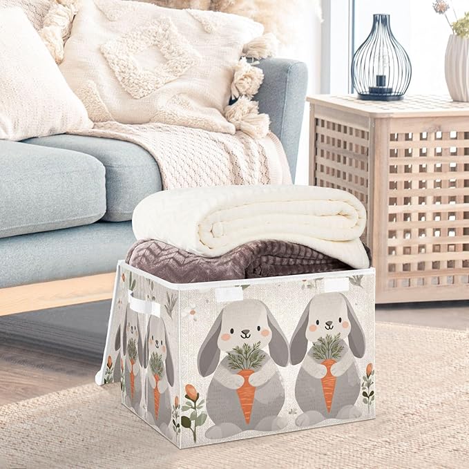 Collapsible Storage Bins with Lids Decorative Fabric Storage Cubes Closet Organizer and Storage Basket Boxes Containers for Clothes Box Chest Folding Rectangle Cute Grey Bunny Carrot