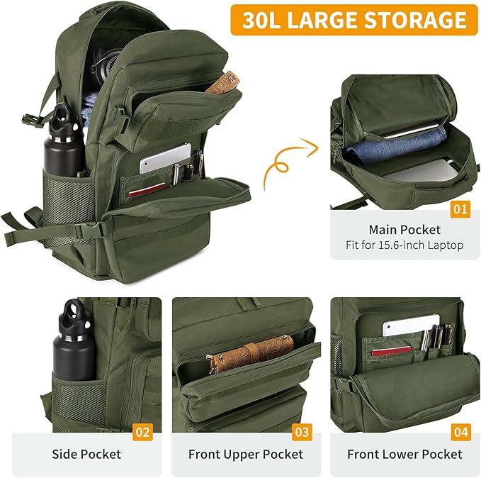 HUNTVP Tactical Backpack for Men 30L Military Backpack MOLLE Assault Pack Army Daypack Hunting Rucksack for Hiking Travel Work with Bottle HolderArmy Green