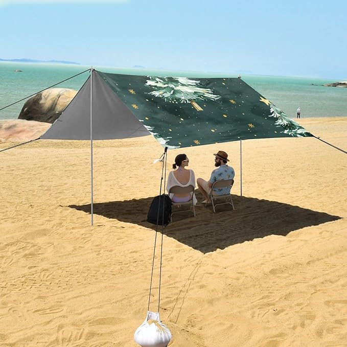 ALAZA Christmas Tree Stars Beach Tent Sun Shelter UPF50+ Protection Beach Shade Canopy w/ 4 Sandbags for Outdoor Camping Fishing Backyard Fun Picnic 10x9 ft
