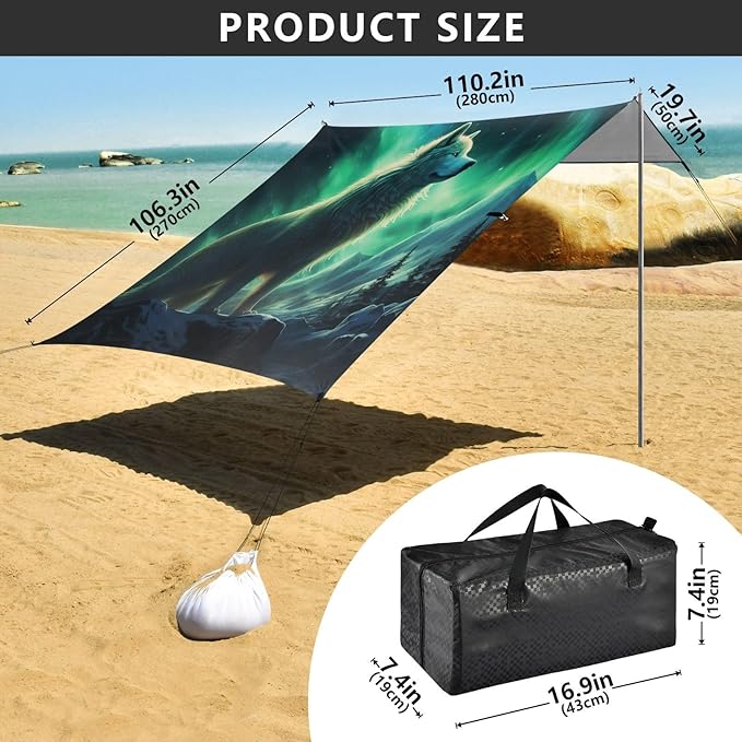 ALAZA Wolf Polar Lights Beach Tent Sun Shelter UPF50+ Protection Beach Shade Canopy w/ 4 Sandbags for Outdoor Camping Fishing Backyard Fun Picnic 10x9 ft