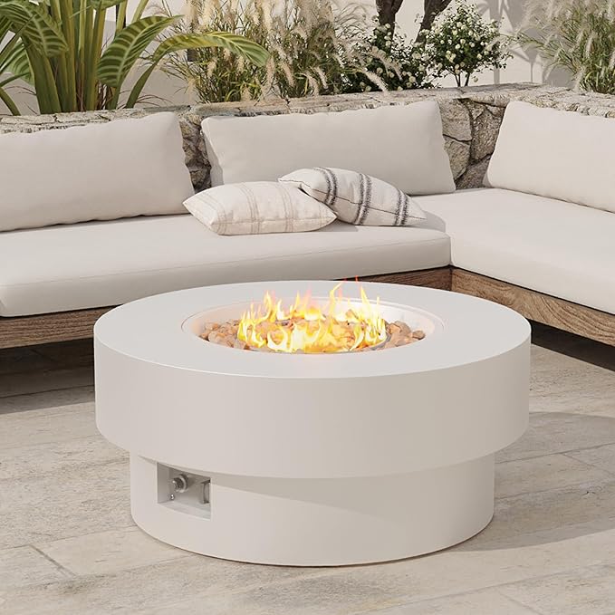 32.5 inch Outdoor Propane Fire Pit Table 50000 BTU Round Patio Fire Pit Table with Lid Waterproof Cover 10ft Gas Hose &amp Gas Tank Base Lava Rocks CSA Certified White