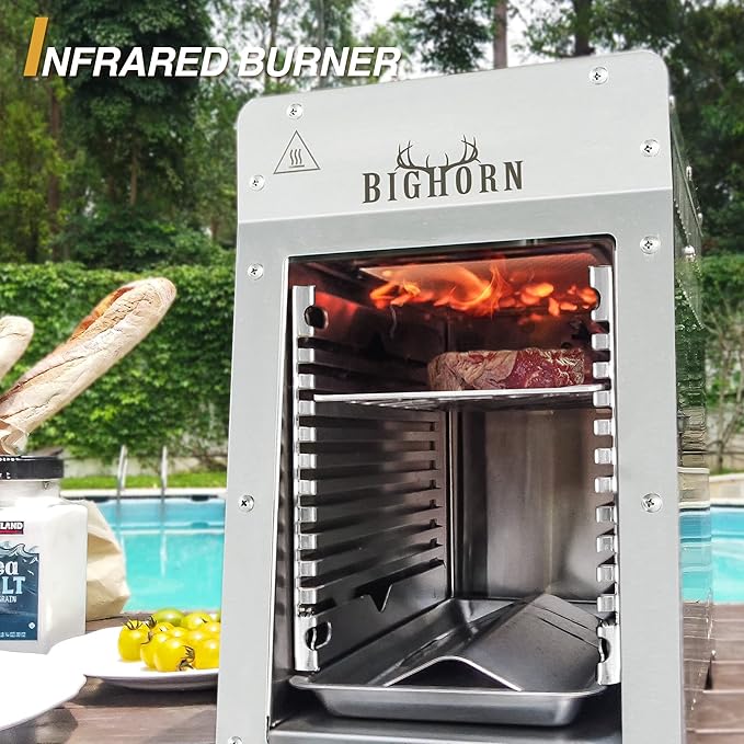BIG HORN OUTDOORS Portable Infrared Broiler Propane Gas Grill 1500 Degree Stainless Steel Tabletop Quick Cooking Steak Grill for Meat Seafood Veggies