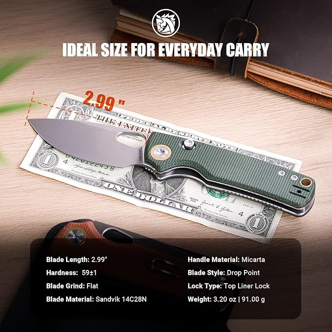 Vosteed EDC Knife 2.99 14C28N Steel Wider Blade Green Micarta Handle Top Liner Lock Folding Pocket Knives with Clip for Men &amp Women Survival Camping - Porcupine A2603