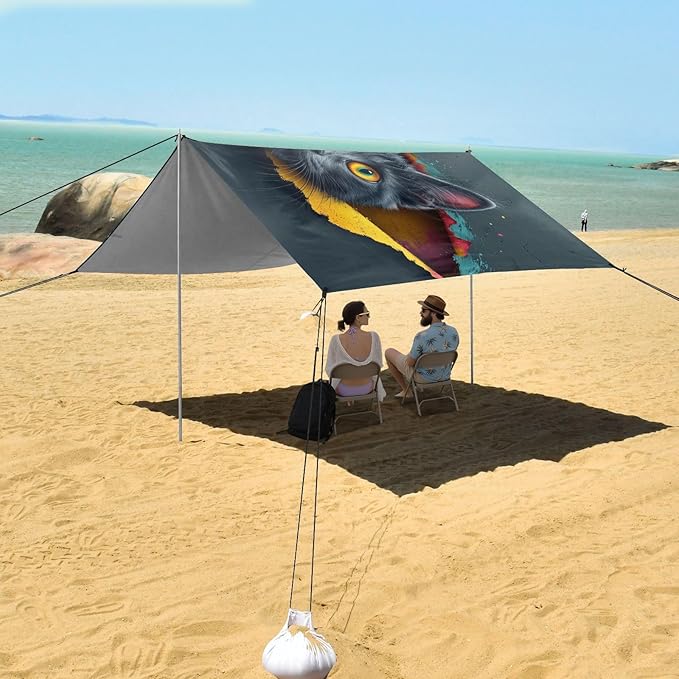 ALAZA 3D Black Cat Beach Tent Sun Shelter UPF50+ Protection Beach Shade Canopy w/ 4 Sandbags for Outdoor Camping Fishing Backyard Fun Picnic 10x9 ft