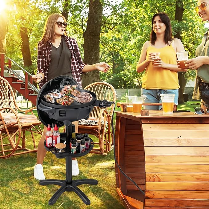1200W Electric Grill Outdoor 2-in-1 Freestanding &amp Tabletop BBQ Grill w/Thermometer Nonstick Griddle Lid &amp Drip Tray Portable Camping Grill for Patio Backyard Party Black
