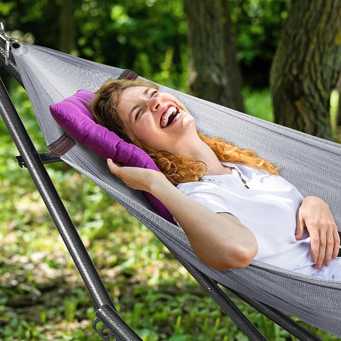 Tranquillo Universal Double Hammock with Stand Included for 2 Persons/Foldable Hammock Stand 600 lbs Capacity Portable Case - Inhouse Outdoor Camping Grey