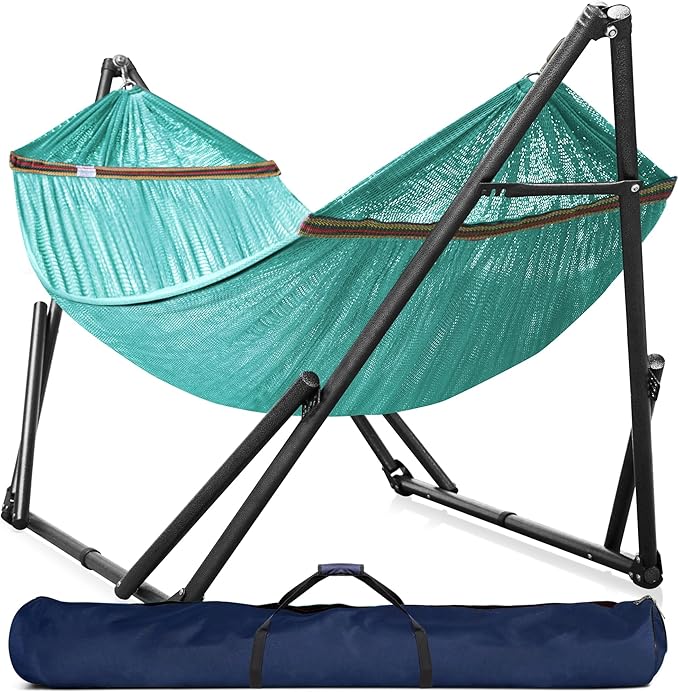 Tranquillo Universal Double Hammock with Stand Included for 2 Persons/Foldable Hammock Stand 600 lbs Capacity Portable Case - Inhouse Outdoor Camping Sky