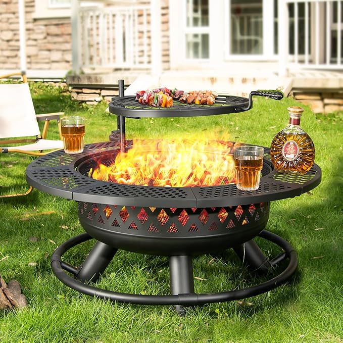 36 Inch Fire Pit with GrillWood Burning Fire Pits for Outside with Lid&amp Fire PokerRound Metal Firepit Table 3 in 1 with Cooking GrateOutdoor Firepits for Yard Patio Bonfire Camping(Black)