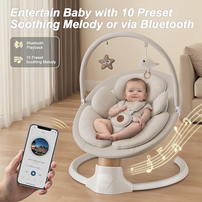 Baby Swings for Infants FasonBaby Electric Baby Swing with 10 Preset Melodies 5 Speeds Remote Control and Bluetooth - Portable Infant Swing for Indoor and Outdoor(Beige)
