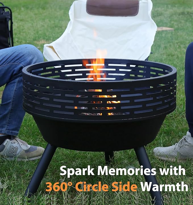 23 Inch Cast Iron Round Fire Pit with Grill 3-in-1 Outdoor Fire Bowl Fire Pit Table with Metal Lid and Fire Poker Wood Burning Firepit for BBQ Bonfire Patio Picnic