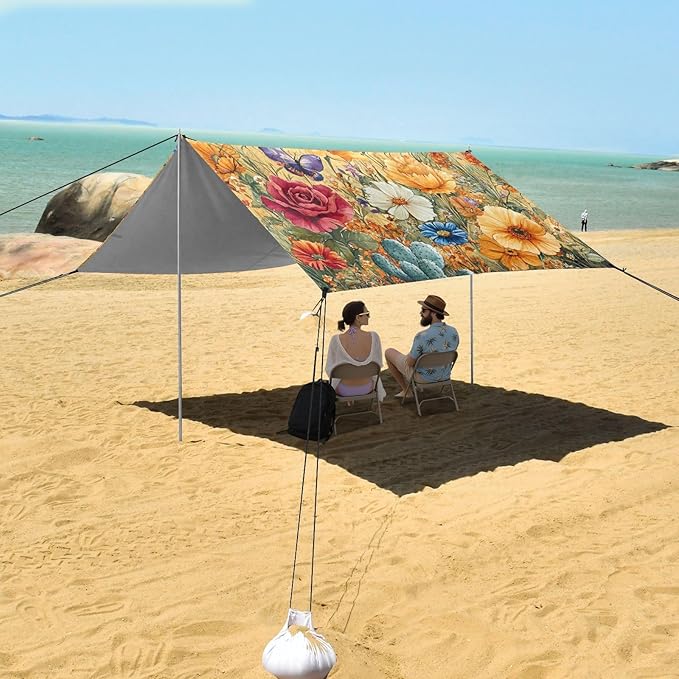 Autumn Flowers Rose Cactus Butterflies Bees Beach Tent UPF50+ Lightweight Sun Shelter with Carrying Bag for Family Trips Picnics &amp Camping