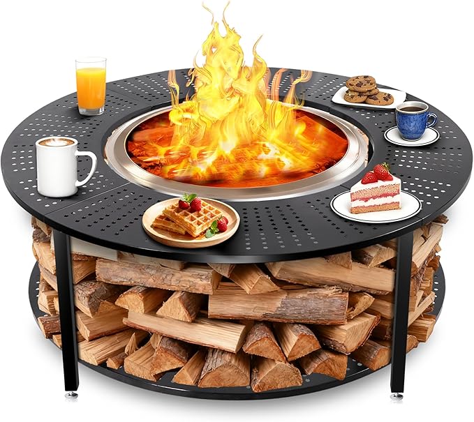 40 Inch Compact Fire Pit Surround Tabletop for Solo Stove Ranger &amp Tiki 20 Outdoor Patio Stand with Firewood Storage Shelf Heavy Duty Steel 200LB Capacity