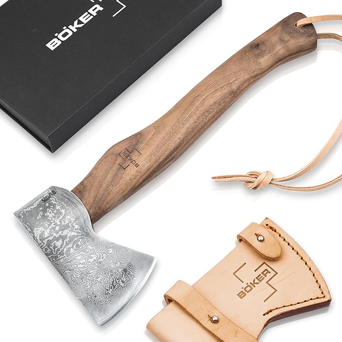 BÖKER PLUS® Appalachian Axe Damascus - Premium - Damascus Blade - with Damascus Head 360 Layers - Bushcraft Camping Hunting Outdoor &amp Survival - with Wooden Handle nut &amp Leather Sheath