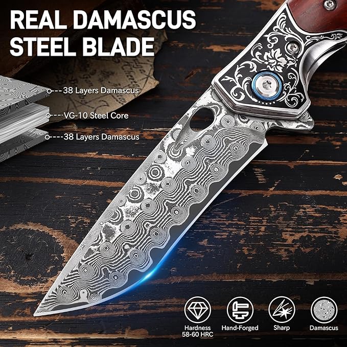 Damascus Pocket Knife with Wood Handle Sharp 3.23 Damascus Steel Blade Folding Knives EDC Knifes for Camping Hiking Collection