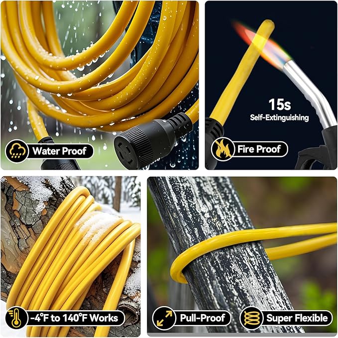 ELEGRP 30 Amp Generator Extension Cord 25 Feet 4-Prong NEMA L14-30P to L14-30R 120/250V Up to 7500W SJTW 10AWG/4C Locking Power Cord for Portable Generators Home Backup UL Standard Compliant