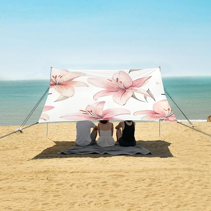 ALAZA Cute Chic Lily Pink Floral Flower Beach Tent Sun Shelter Portable Canopy Sunshade for Outdoor Camping Picnics Backyard Fun 10x9 ft
