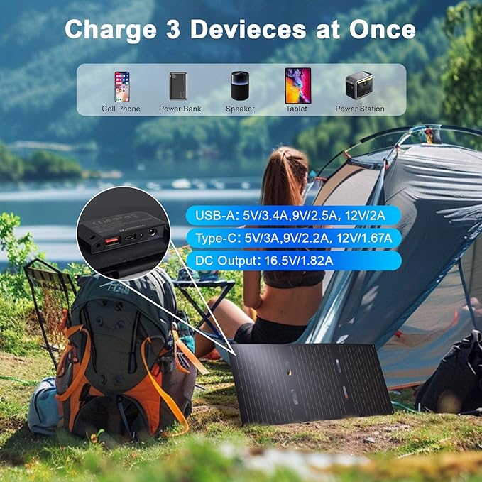 30W Portable Solar Panel Foldable Solar Panel Charger with QC3.0 USB-A USB-C &amp DC Output for Phone/Power Bank/iPad/Power Station IP65 Waterproof for Camping Backpacking Hiking RV Blackout