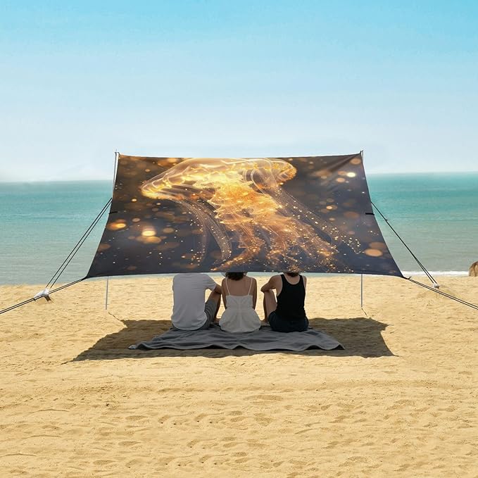 ALAZA Galaxy Dust Golden Jellyfish Beach Tent Sun Shelter Portable Canopy Sunshade for Outdoor Camping Picnics Backyard Fun 10x9 ft