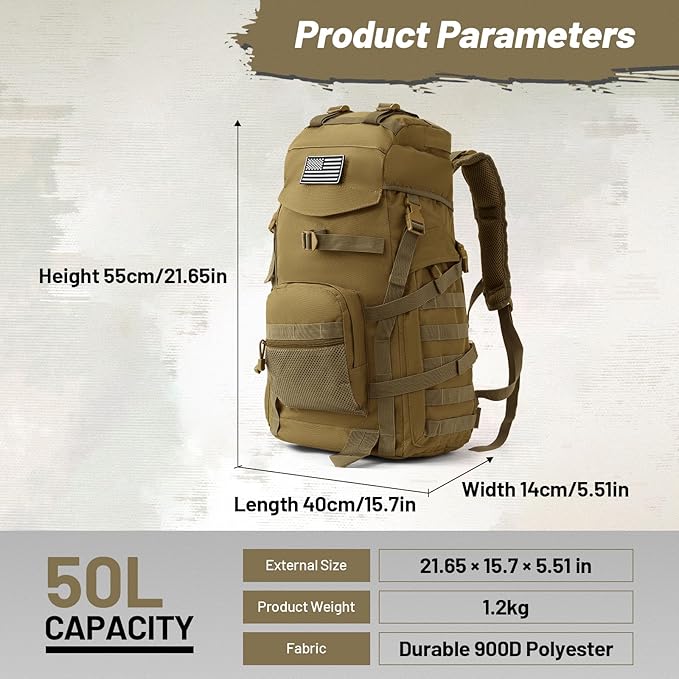 50L Tactical Backpack for Men and Women Water-Resistant Molle Rucksack Large Military Assault Pack for Hiking Hunting Camping Gym &amp Outdoor Survival Khaki