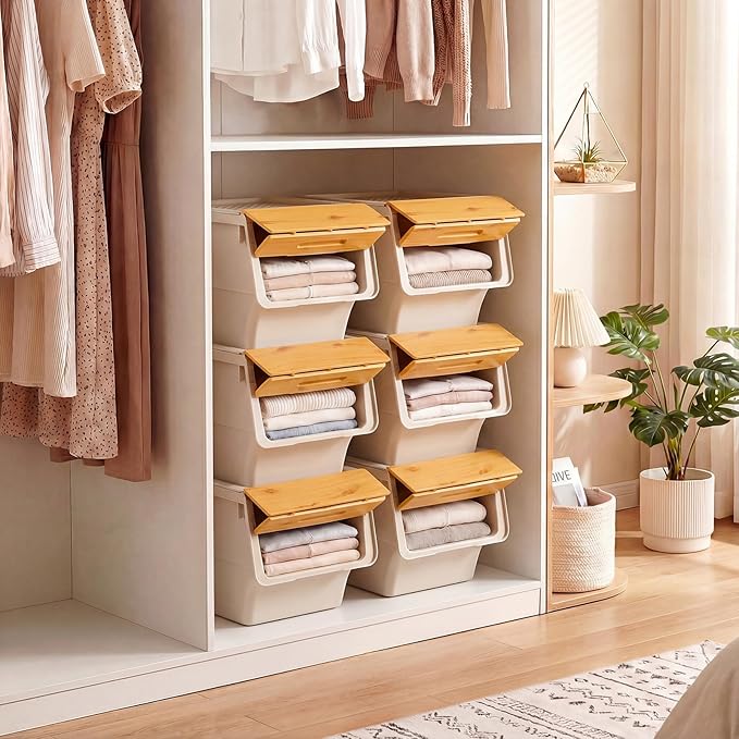 Giantex Plastic Stackable Storage Bins with Lids &amp Wheels 6 Pack Open Front Stacking Bins Organizer Bins for Pantry Kitchen Laundry Closet Playroom Bedroom Organization （12.5 QT）