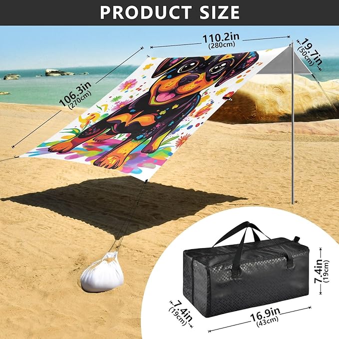 Cute Rottweiler1 Stable Beach Tent UPF50+ Protection Waterproof Shade Sun Shelter with Sturdy Poles Sandbags and Shovel for Family Trips Picnics &amp Camping