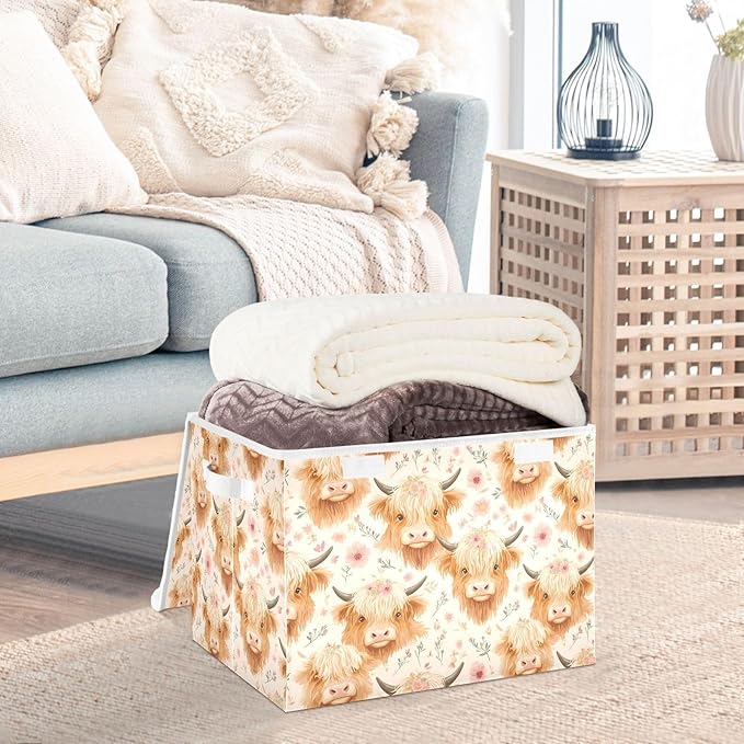 Storage Cube with Lid Cartoon Cattles Print 16.5×12.6×11.8 IN 1 Pack Collapsible Large Capacity Foldable Storage Basket Bin Organizer