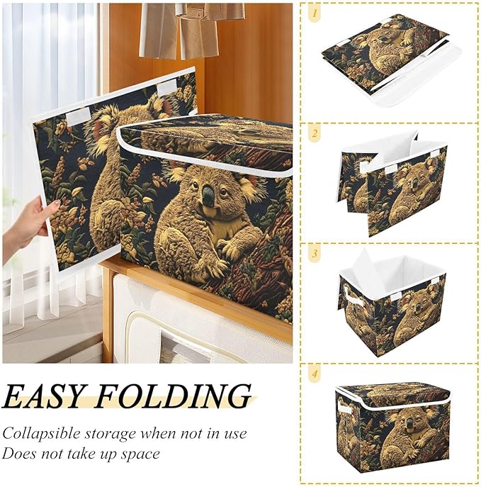 Forest Koala Storage Cube Bins Basket with Lid Collapsible Flip-top Fabric with Handle for Home Bedroom Closet Office 16.5×12.6×11.8 in