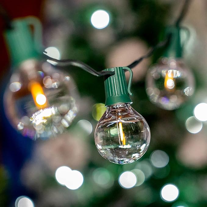 Novelty Lights 25 Feet G50 LED Patio String Light Set with 25 Bulbs Warm White Weather Resistant and Shatterproof Replaceable Plastic Globe Bulbs Green Wire