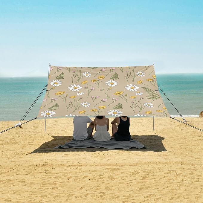 xigua Wildflowers Beach Tent Sun Shelter with Carrying Bag - Silver Coated Oxford Fabric Beach Canopy for Beach Camping Fishing - Includes Windproof Ropes Sandbags &amp Stakes