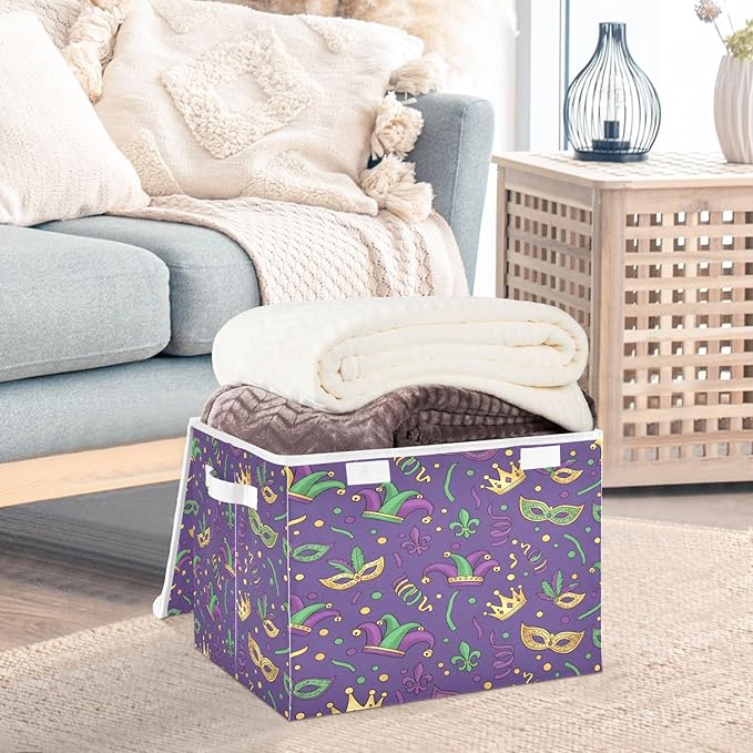 Collapsible Storage Bins with Lids Mardi Gras Carnival (2) Foldable Fabric Organizer Baskets for Closet Home &amp Seasonal Decor 16.5x12.6x11.8 Inches