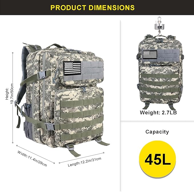 Zavothy 45L Military Tactical Backpack Army 3-Day Assault Pack Bug Out Bag for Hiking Camping | Army Bag Large Rucksack with Molle System