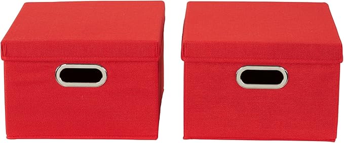 Household Essentials Storage Bins with Lids and Chromed Grommet Handles Set of 2 Textured Linen Look Red