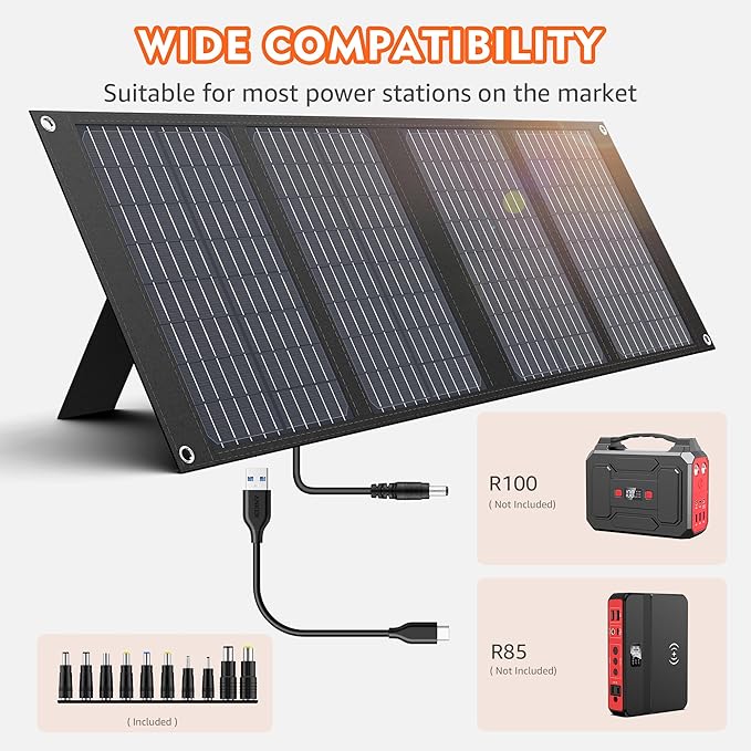 Apowking Portable Solar Panels 40W Foldable Solar Panel Charger for 100-300W Portable Power Station with Adjustable Kickstands DC 18V Output USB 3.0 and Type-C Ports for Camping Van RV Trip