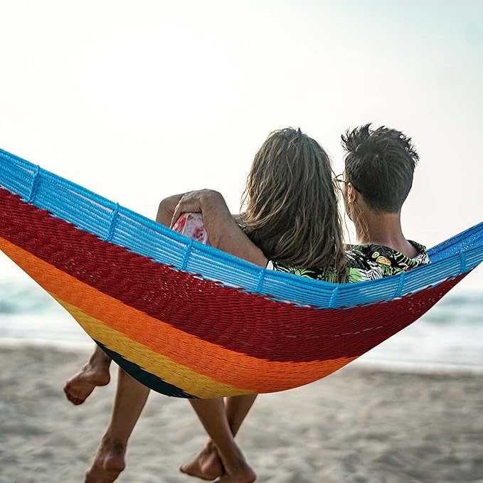 Lazy Daze Hammocks Handwoven Mayan Hammock 10.5 FT Soft Rope Double Hammocks Portable Outdoor Hammock with Carry Bag 2 Straps &amp Carabiners for Patio Outside 550 lbs Weight Capacity Rainbow