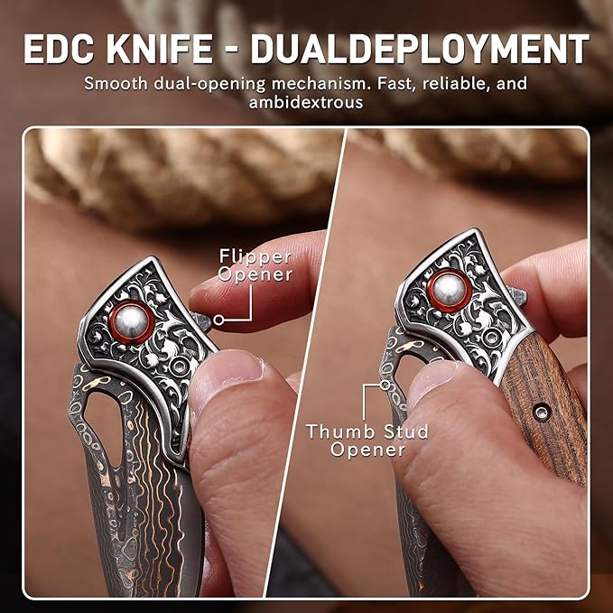 Damascus Pocket Knife Sharp 2.76 Copper Damascus Steel Blade and Wooden Handle Folding Knives for EDC Outdoor Camping Hiking Collection