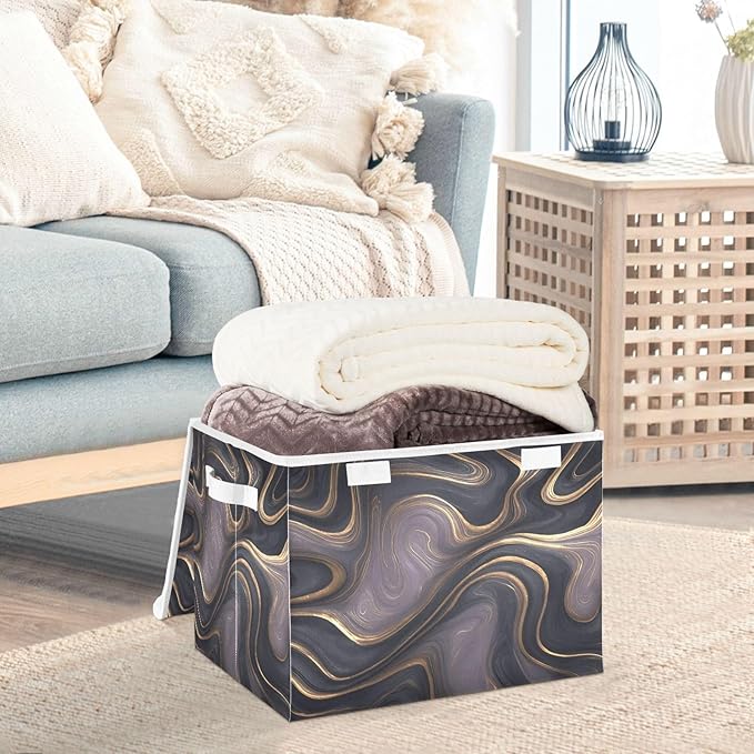 Storage Bins With Lid Stackable Fabric Closet Organizer Clothing Storage Large Boxes For Closet Shelves Bedroom Black Gold Marble