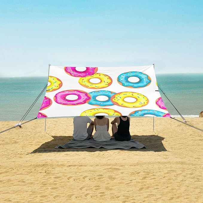 Beach Canopy with Windproof Ropes &amp Sandbags Beach Tent Sun Shade Sun Shelter for Camping Trips Fishing Backyard Fun or Picnics Donuts